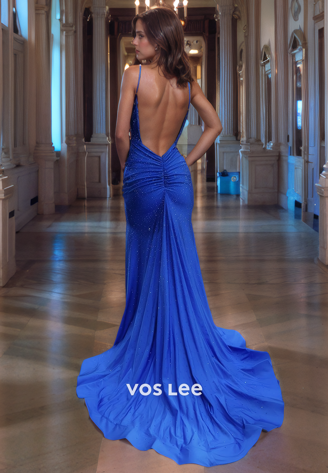 Stunning Open Back Blue Evening Dress Trumpet/Mermaid V-Neck Shinny Sequin Long Formal Prom Dress