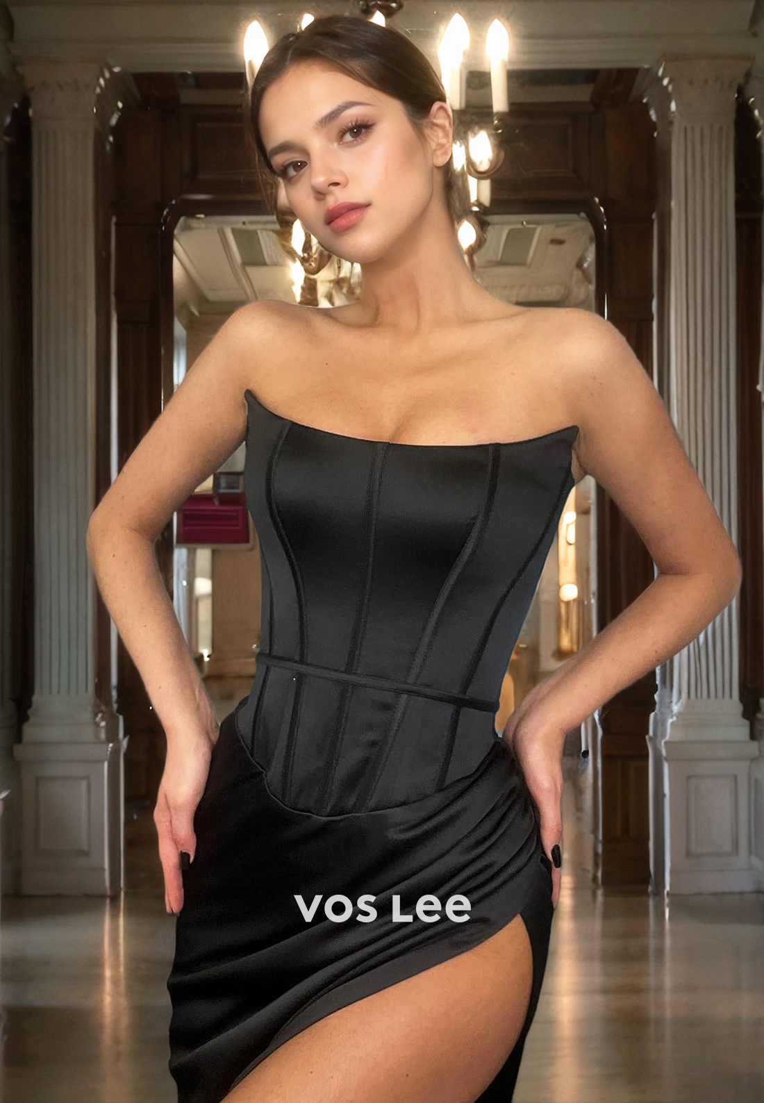 Black Prom Dress with Slit Sheath/Column Strapless Sleeveless Long Formal Evening Dress