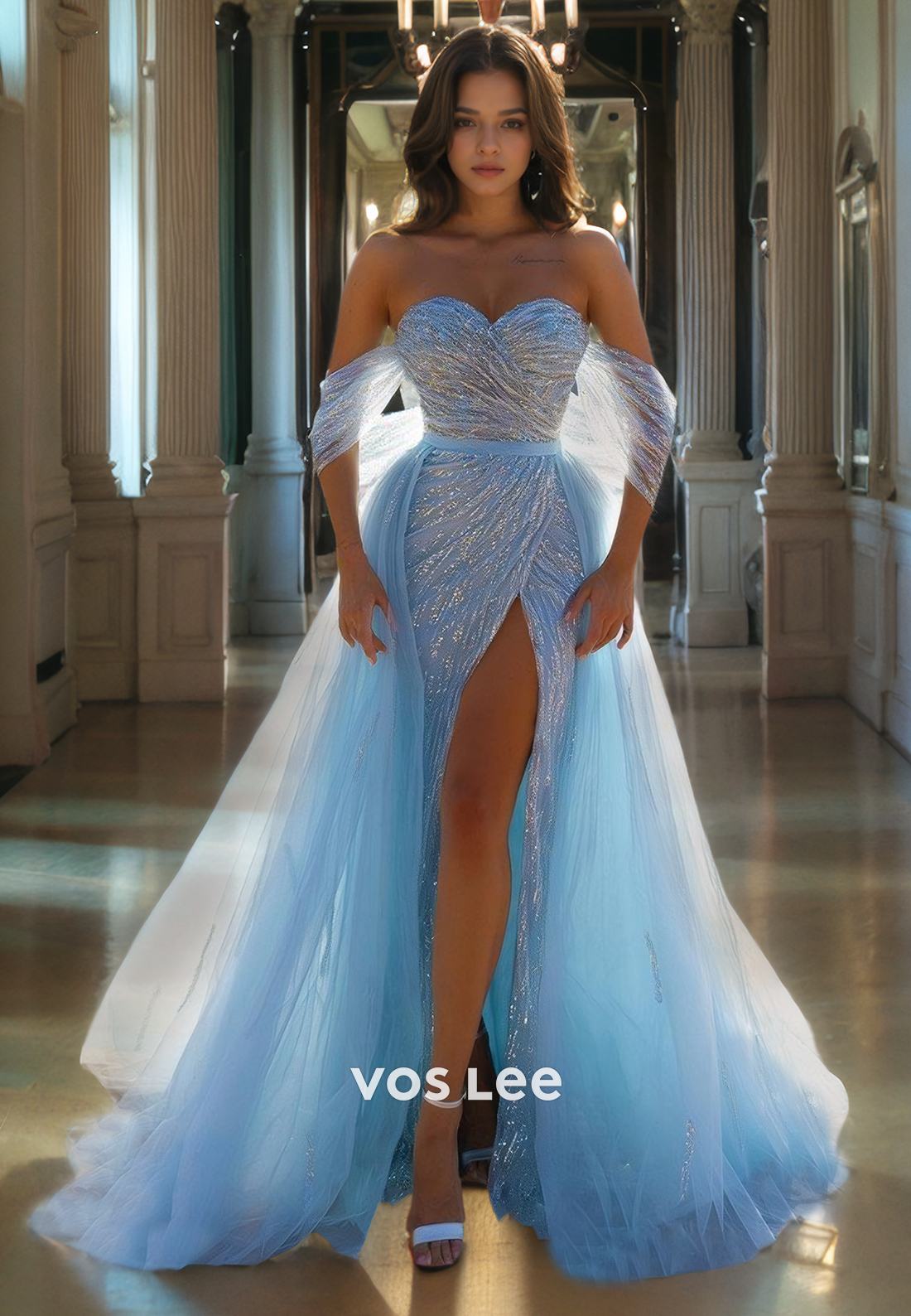 Claasy Sparkle Suquin Tulle Off Shoulder Formal Prom Dress A-Line Sweetheart Sweep Train Blue Party Dress