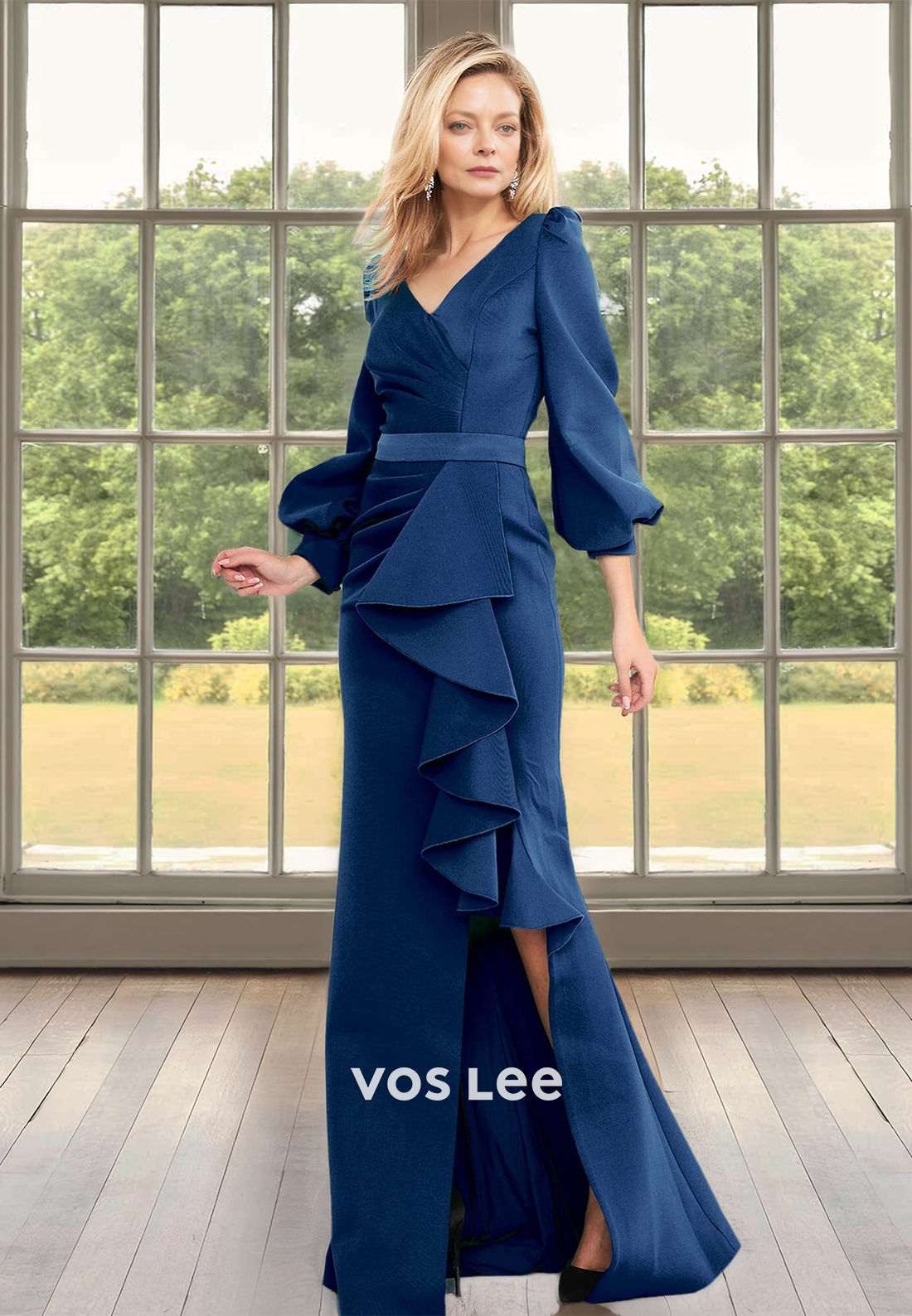 Modest A-Line V Neck Sweep Train Side Split Ruffled Satin Mother of the Party Dress