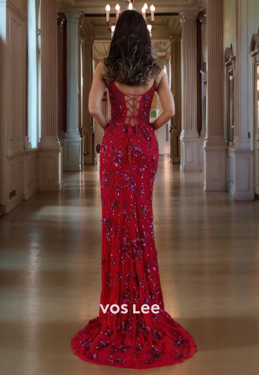 Classy Sheath/Column Spaghetti Straps Sleeveless Red Evening Prom Dress with Slit