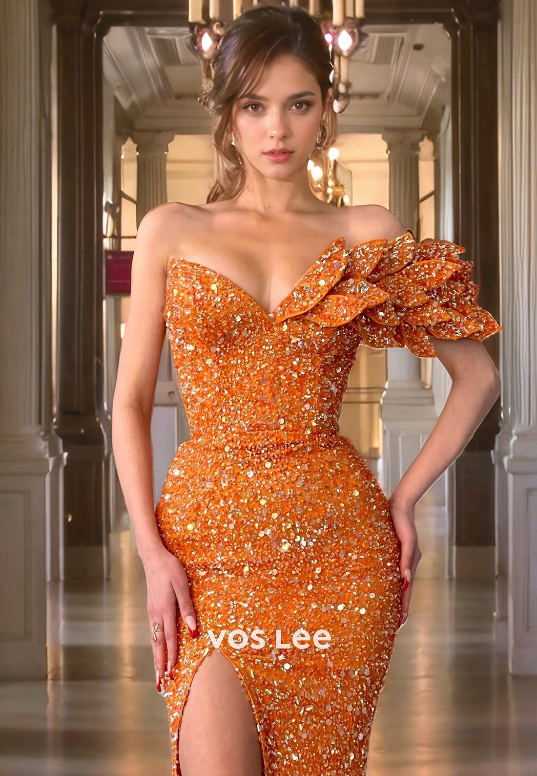 V-Neck Mermaid Off-Shoulder Party Gown Sparkly Sequined Zipper Back Evening Dresses with Slit