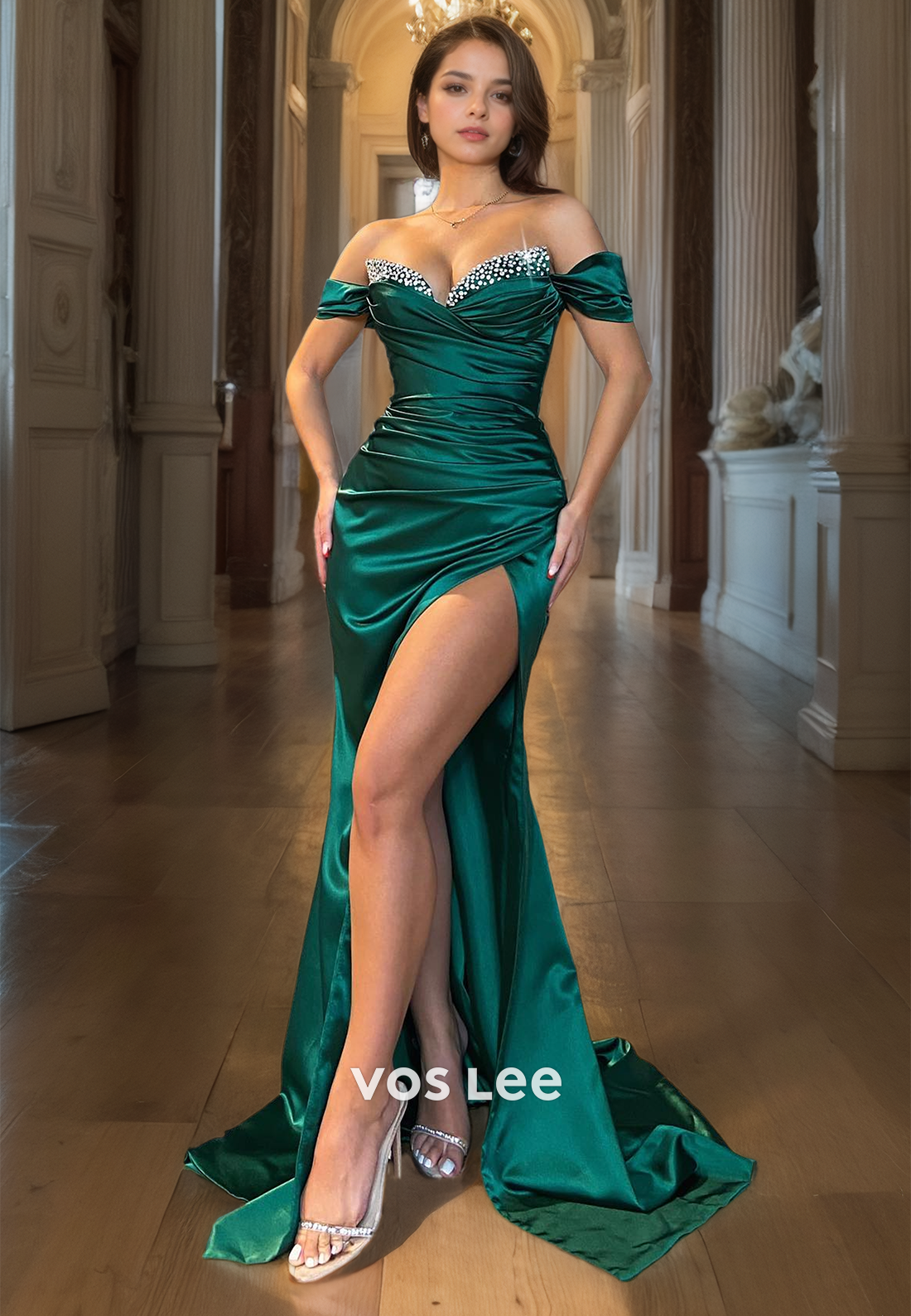 Elegant Sweetheart Beads Satin Pageant Dresses Long Sleeves Pleated Evening Prom Gown with High Slit