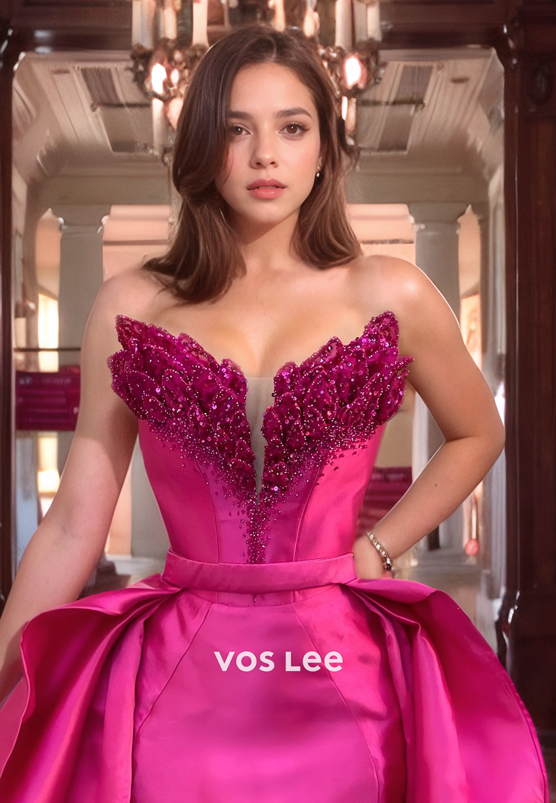 A-line Fuchsia Sweetheart Satin Formal Evening Prom Dresses with Pockets Luxury Detached Train Party Gown