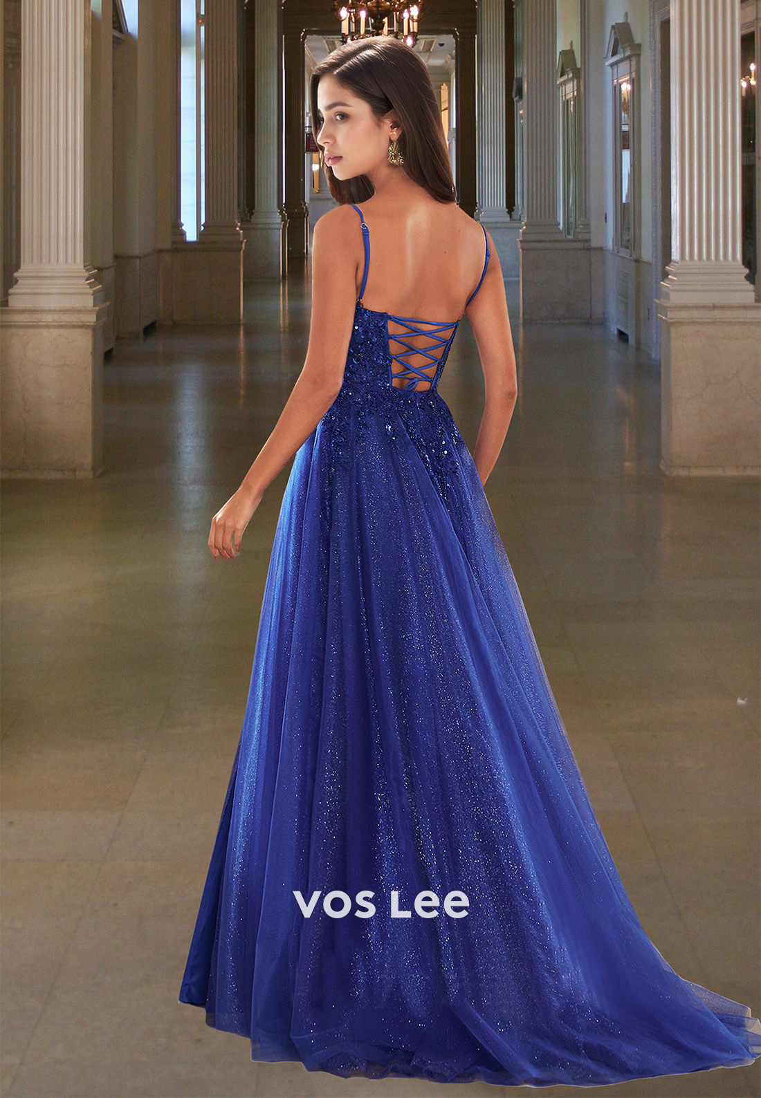 Sparkly A-Line Sweetheart Lace Up Appliques Side Split Prom Formal Dress