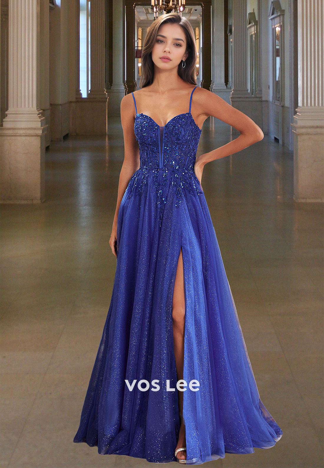 Sparkly A-Line Sweetheart Lace Up Appliques Side Split Prom Formal Dress
