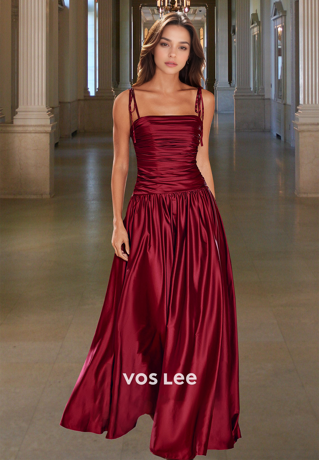Vintage A-Line Square Neck Backk Zipper Pleated Satin Prom Formal Dress