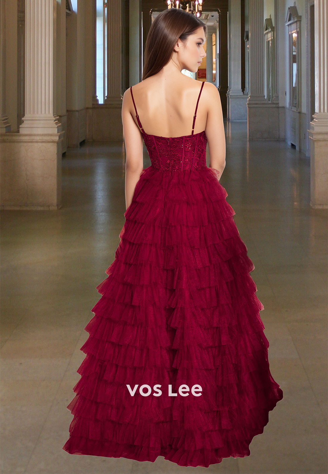 Charming A-Line Sweetheart Sleeveless Lace Tiered Tulle Prom Formal Dress