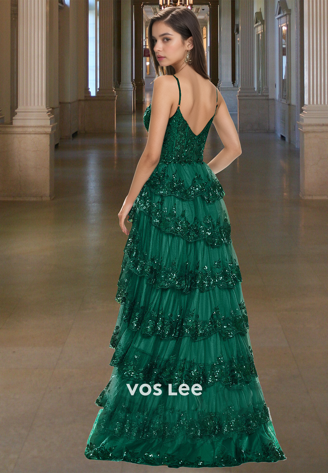 Luxury A-Line V Neck Back Zipper Tiered Sequins Sweep Train Prom Formal Dress