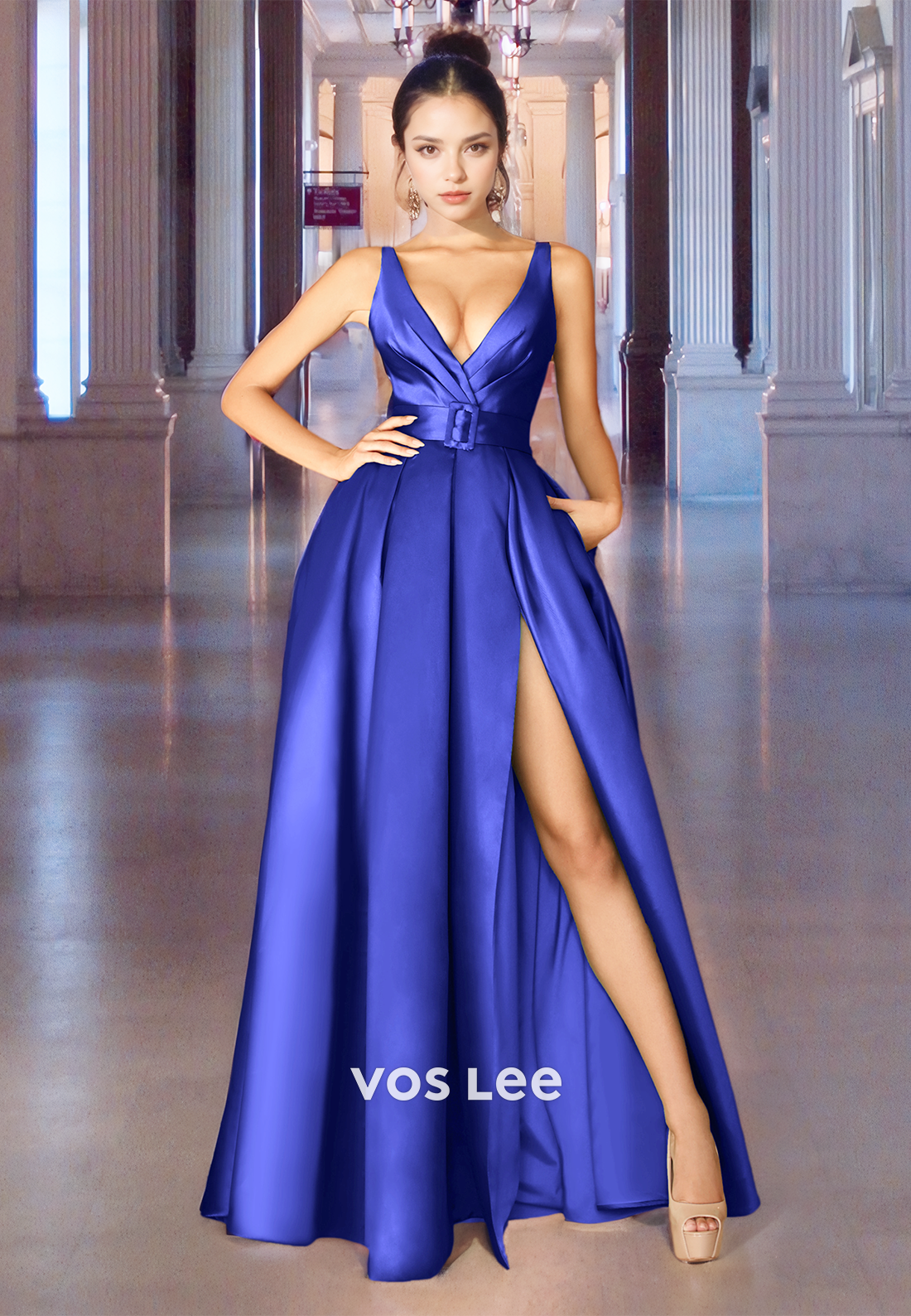 A-Line V Neck Satin Long Prom Dress Belt Elegant Formal Occasion Party Dress with High Split
