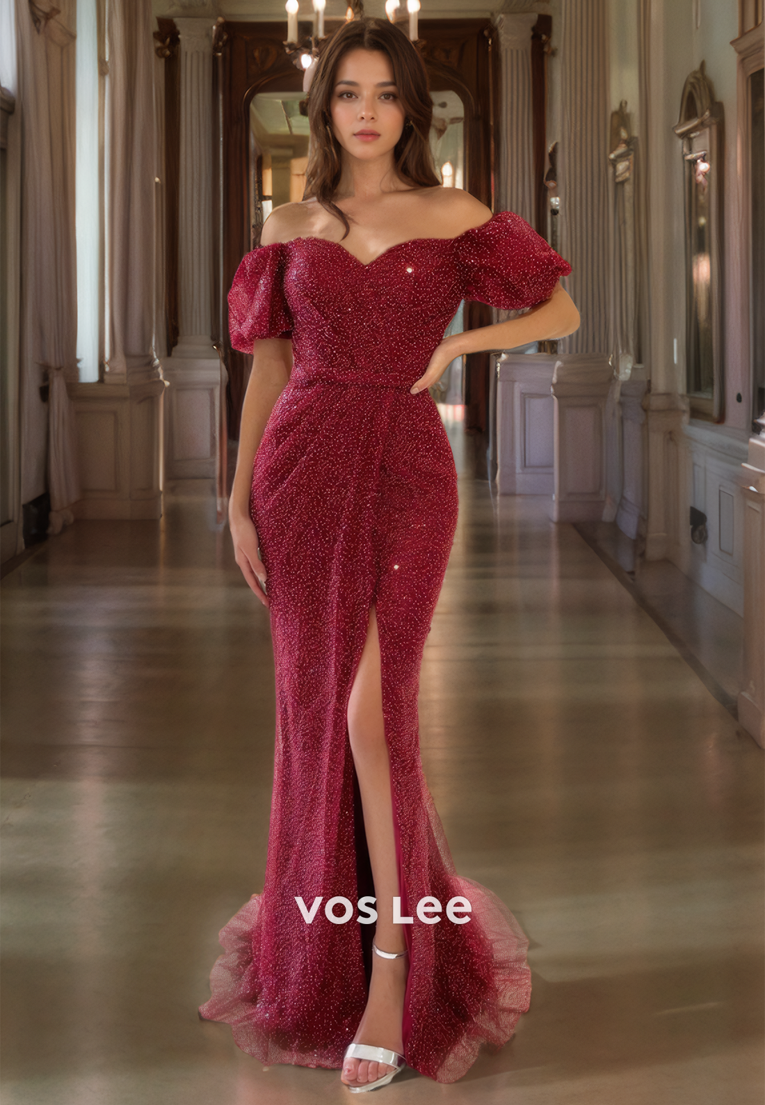 Trumpt/Mermaid Off Shoulder Sweep Train Burgundy Tulle Prom Dress with Sequins