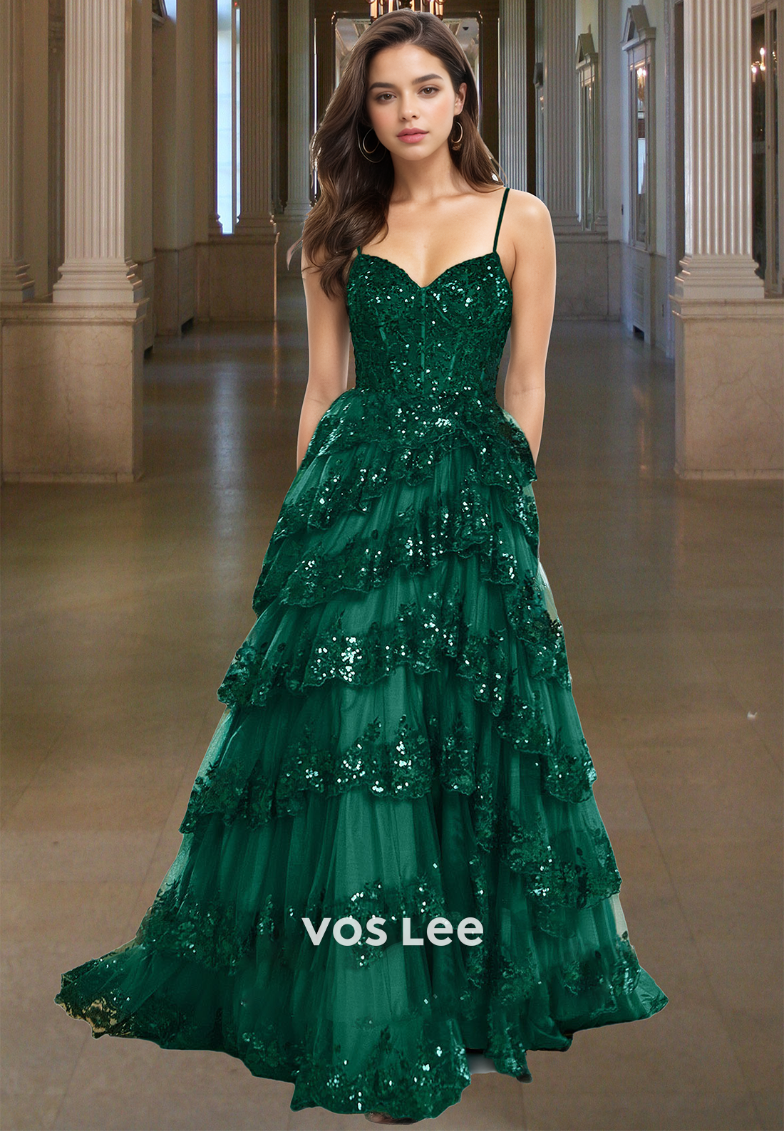 Luxury A-Line V Neck Back Zipper Tiered Sequins Sweep Train Prom Formal Dress