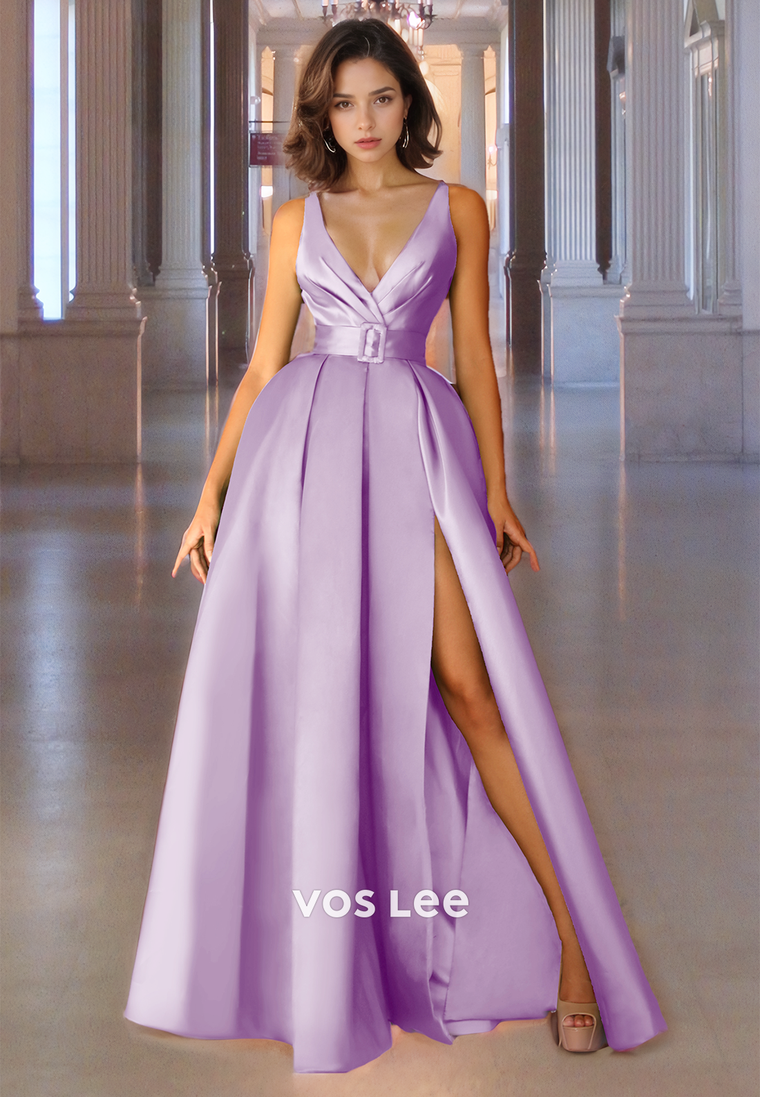 A-Line V Neck Satin Long Prom Dress Belt Elegant Formal Occasion Party Dress with High Split