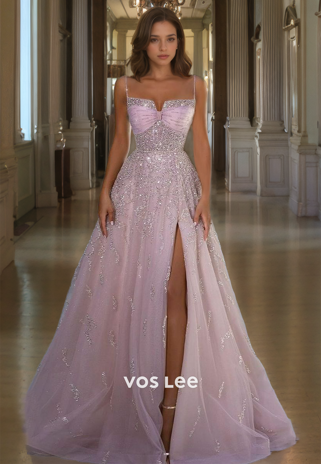 A-Line Luxurious Sweetheart Tulle Club Night Party Gown Sparkly Beads High Slit Floor Length Prom Dress with Straps