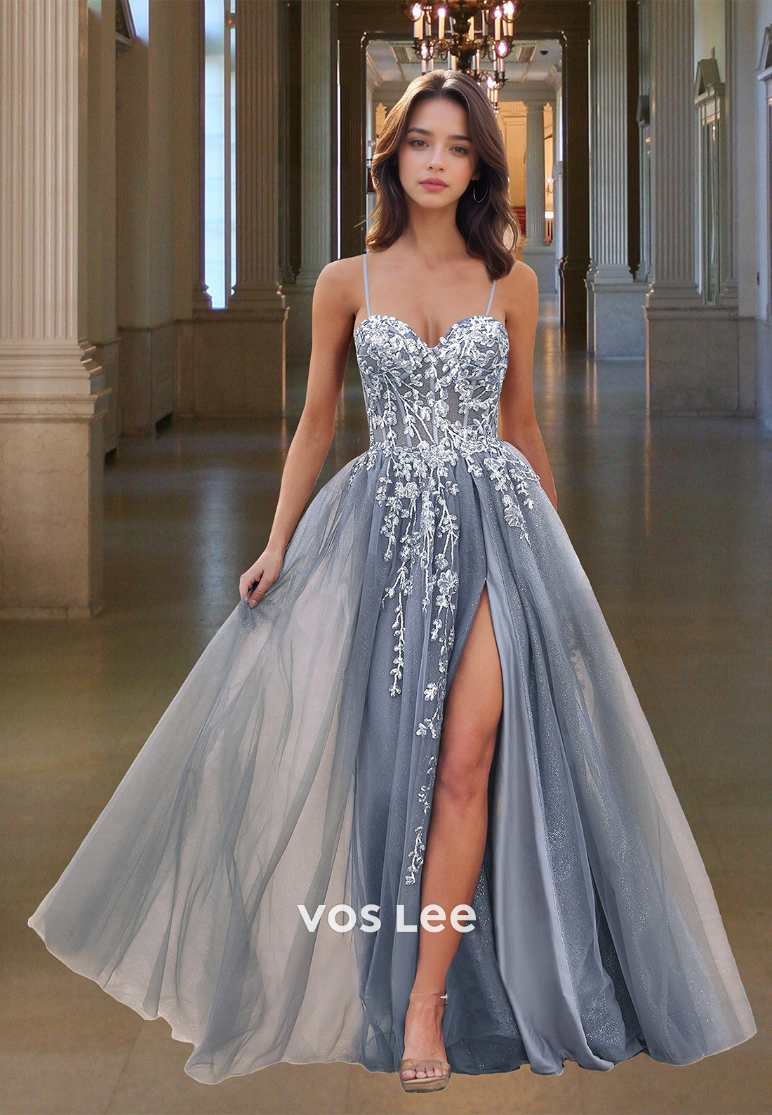 Graceful Sweetheart Lace Up Appliques A-Line Side Split Prom Evening Dress
