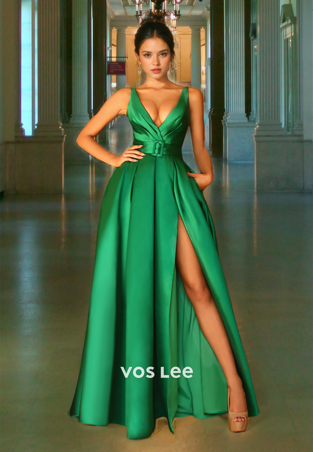 A-Line V Neck Satin Long Prom Dress Belt Elegant Formal Occasion Party Dress with High Split