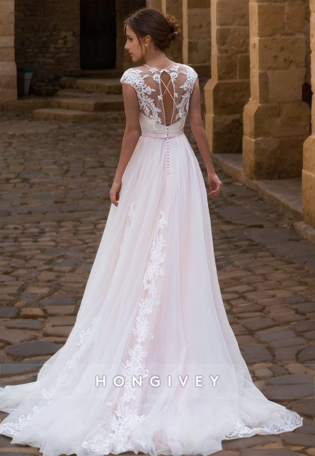 Lace-Up Crisscross Floral Embroidered Lace Sheer With Tulle Train Wedding Dress