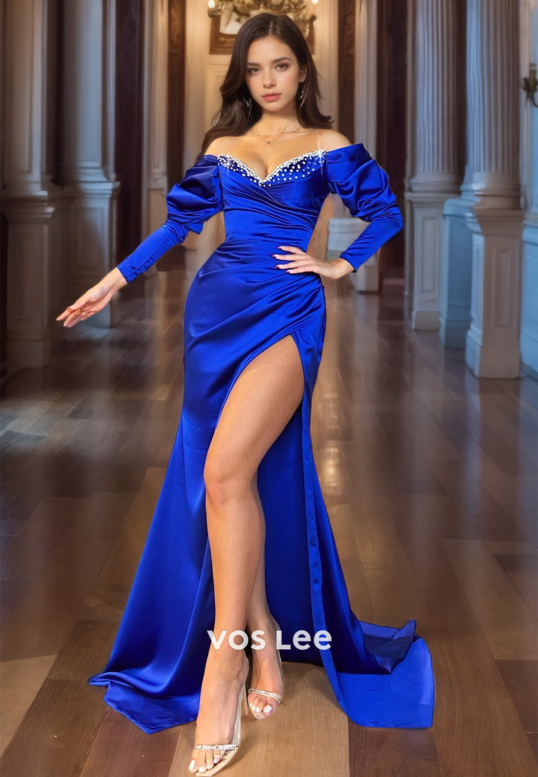 Elegant Sweetheart Beads Satin Pageant Dresses Long Sleeves Pleated Evening Prom Gown with High Slit