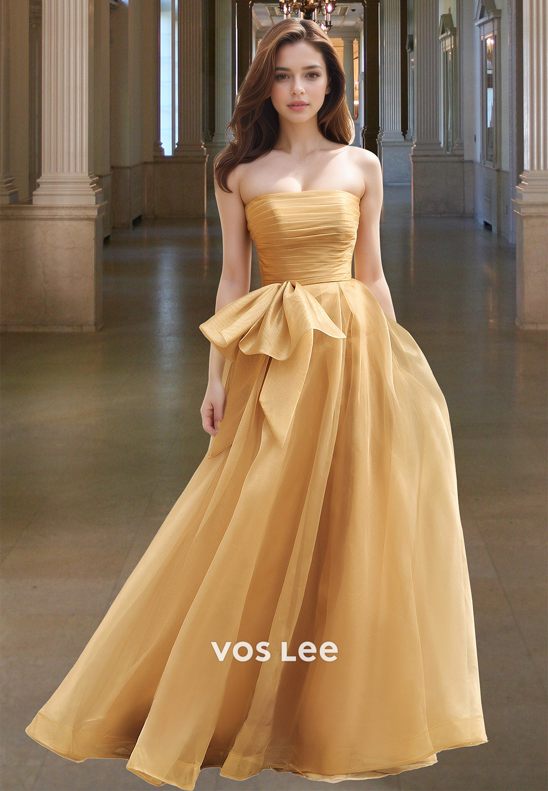 Simple Strapless A-Line Back Zipper Ruffled Pleated Satin Prom Pageant Dress