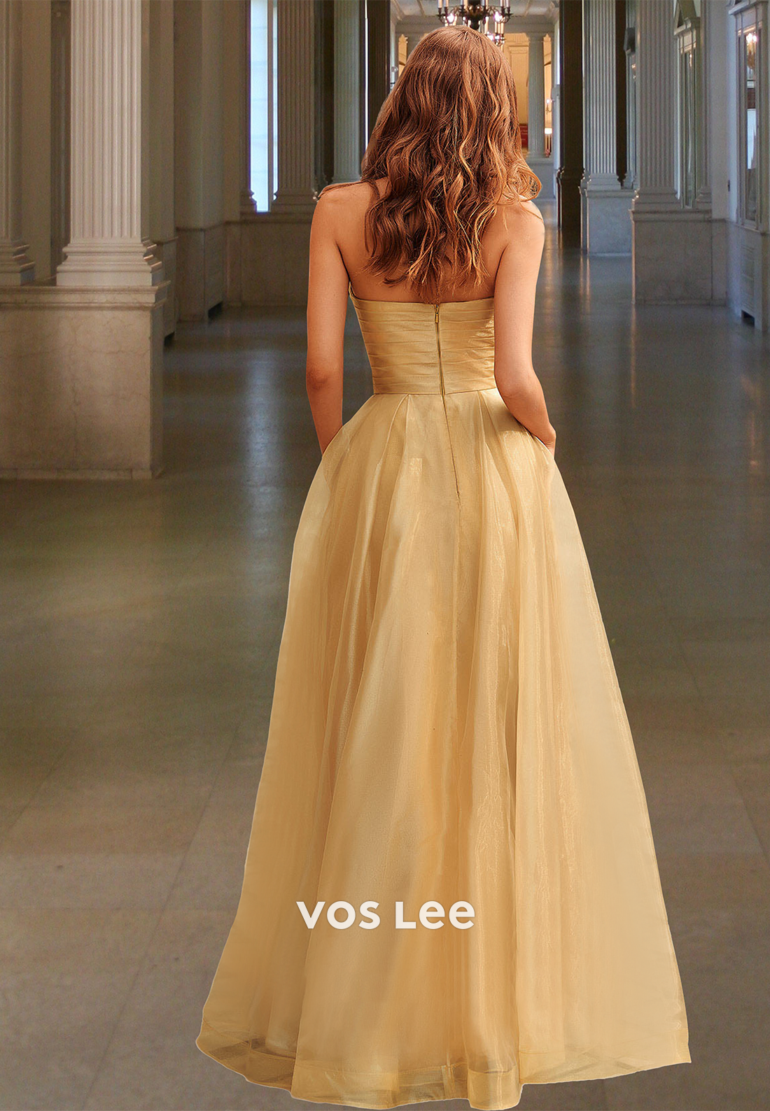 Simple Strapless A-Line Back Zipper Ruffled Pleated Satin Prom Pageant Dress