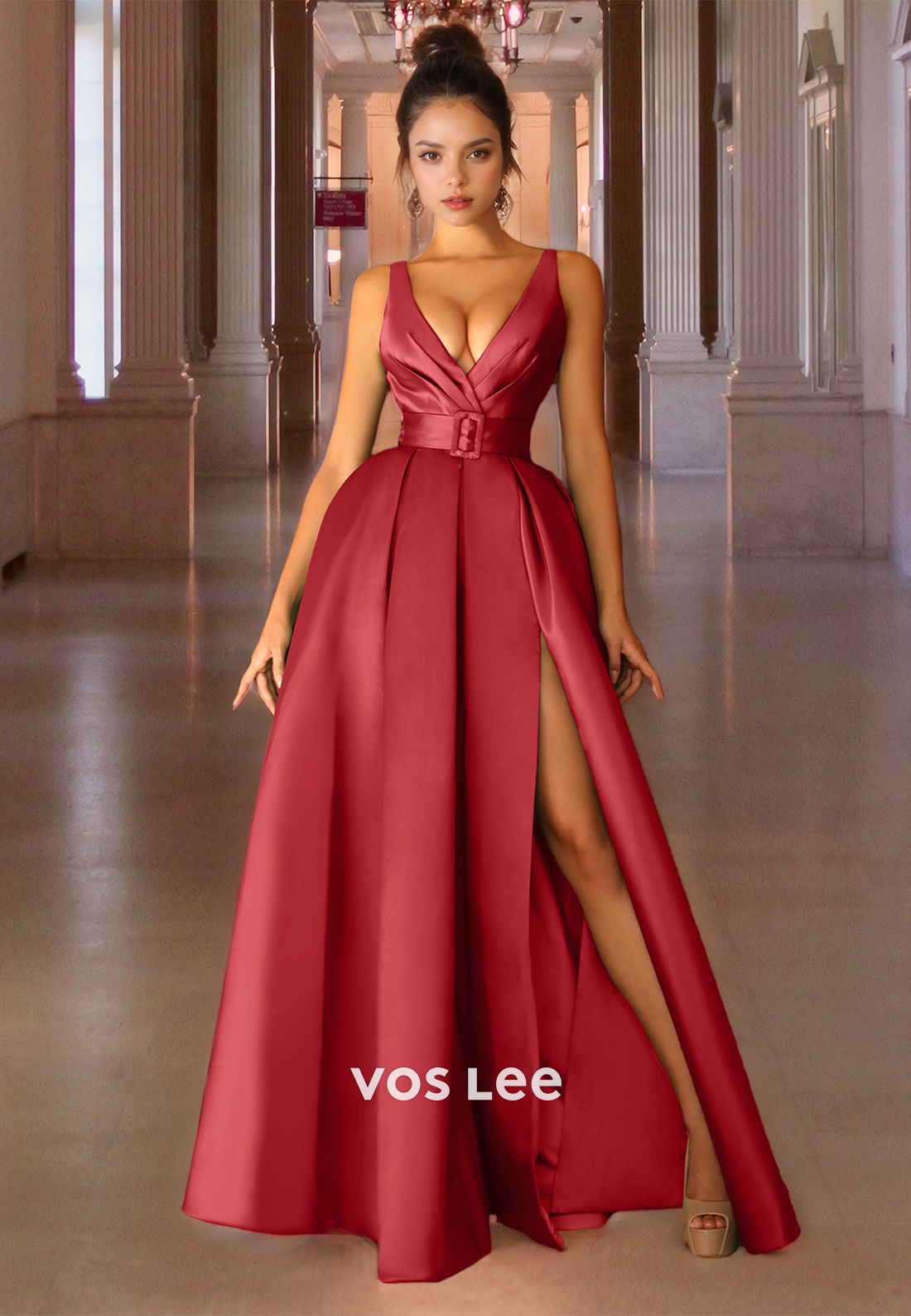 A-Line V Neck Satin Long Prom Dress Belt Elegant Formal Occasion Party Dress with High Split