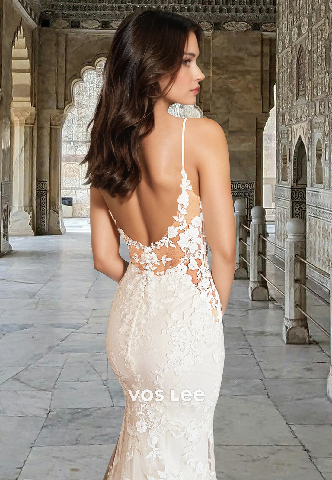Ornate Mermaid V Neck Backless Court Train Lace Appliques Tulle Wedding Dress