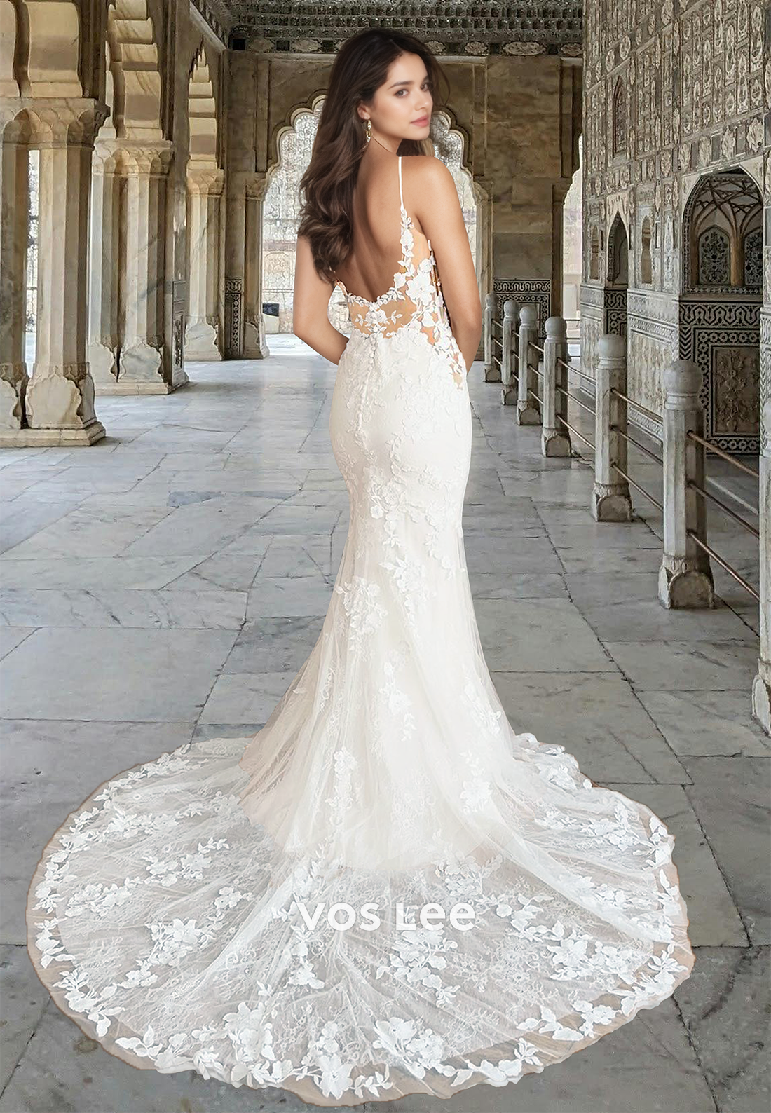 Ornate Mermaid V Neck Backless Court Train Lace Appliques Tulle Wedding Dress
