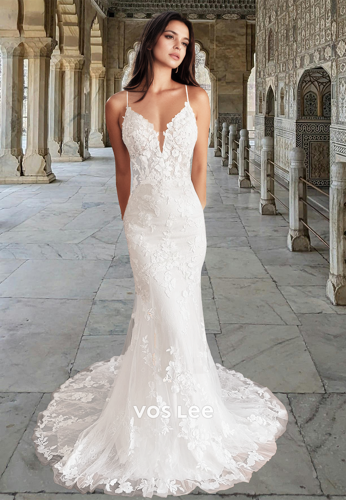 Ornate Mermaid V Neck Backless Court Train Lace Appliques Tulle Wedding Dress
