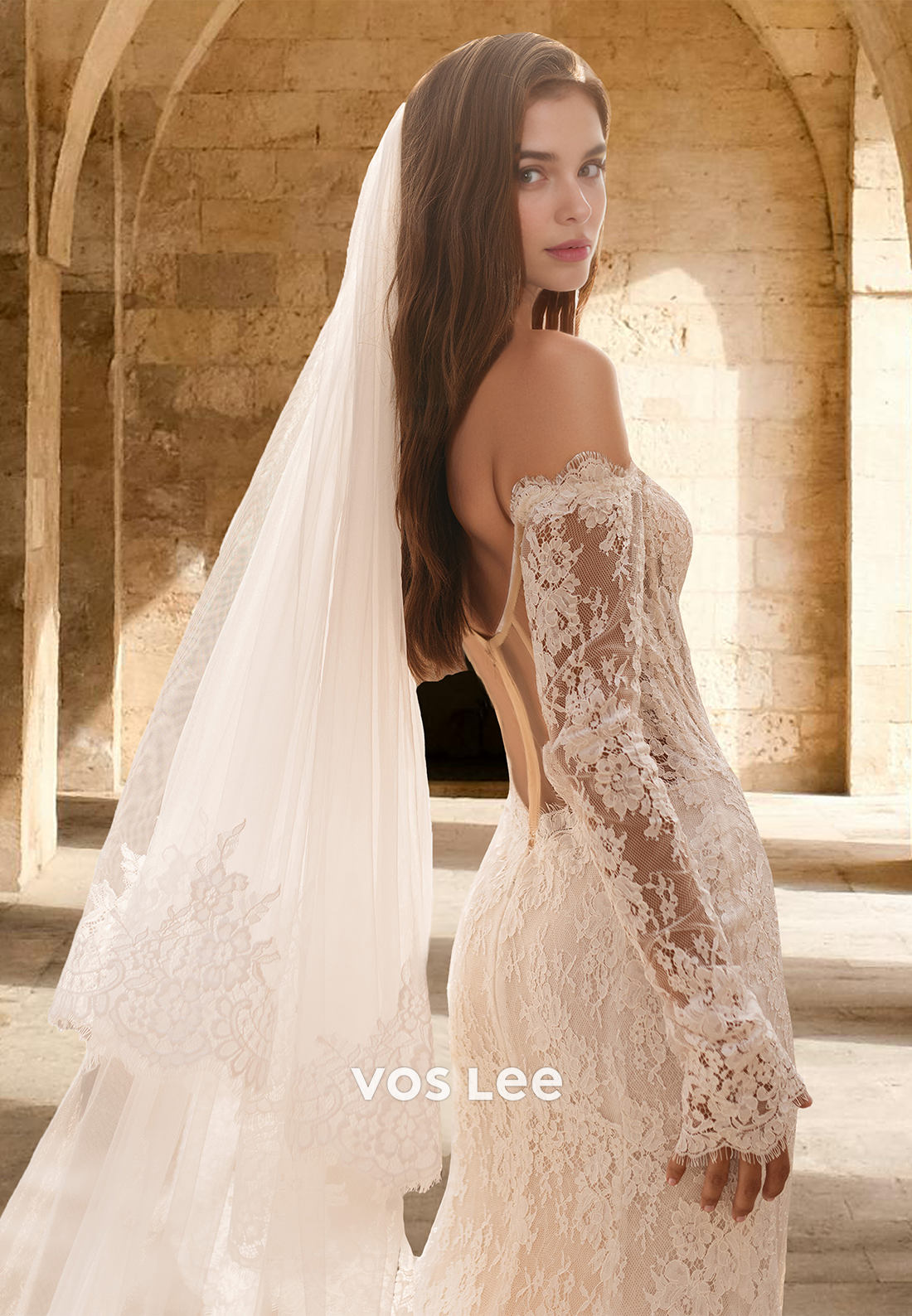 Luxury Mermaid Off Shoulder Long Sleeves Lace Appliques Wedding Bride Dress