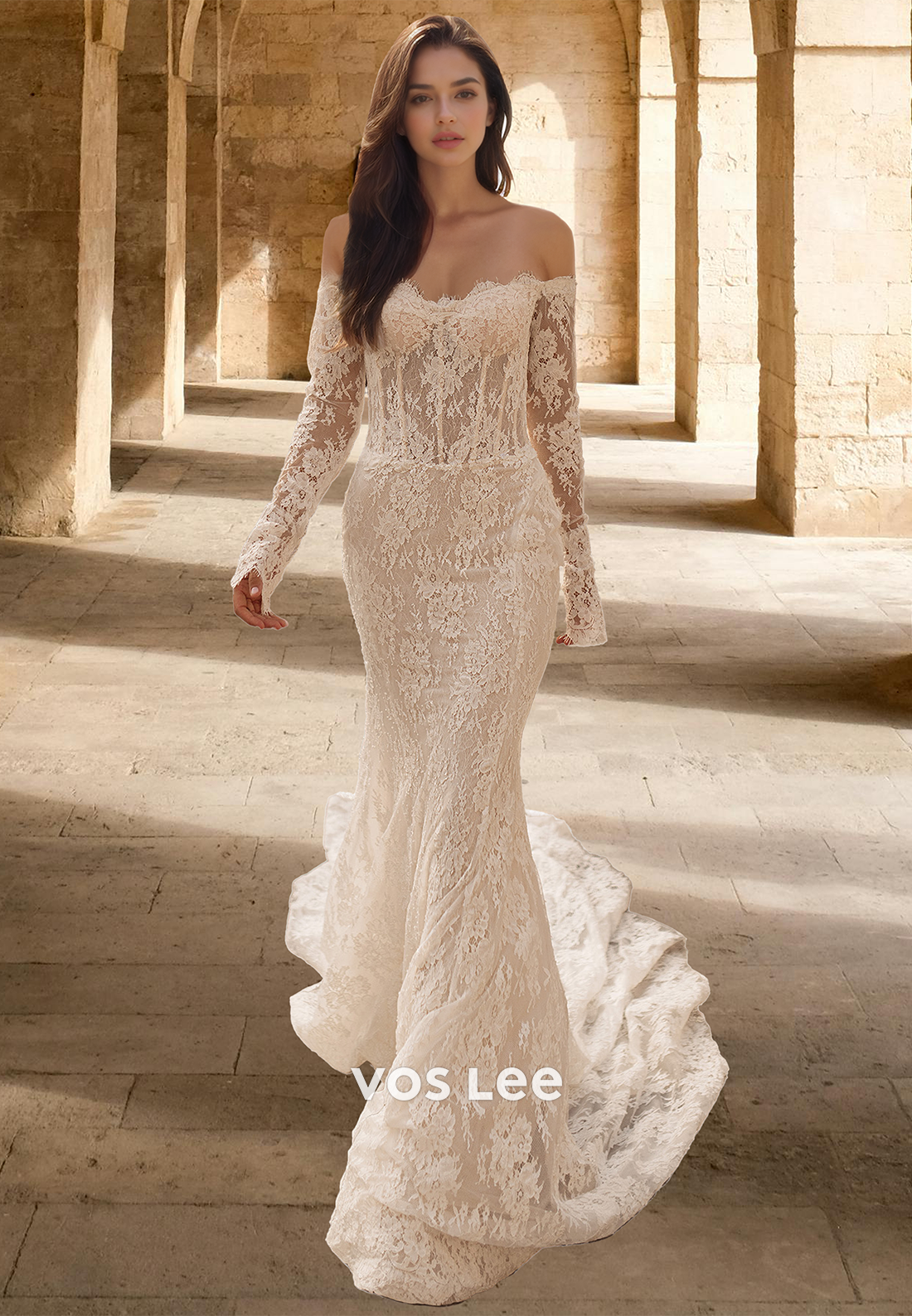 Luxury Mermaid Off Shoulder Long Sleeves Lace Appliques Wedding Bride Dress