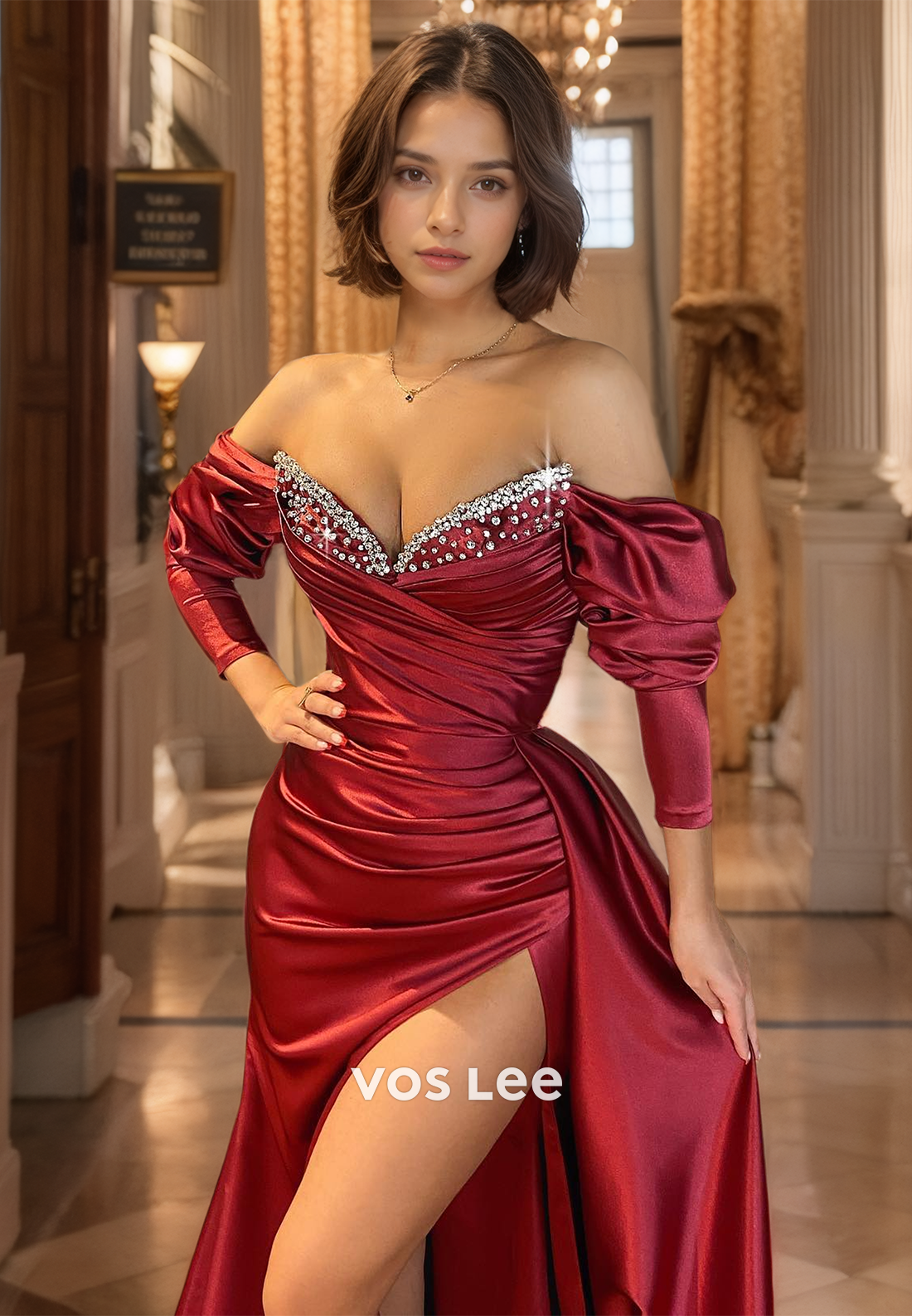 Elegant Sweetheart Beads Satin Pageant Dresses Long Sleeves Pleated Evening Prom Gown with High Slit