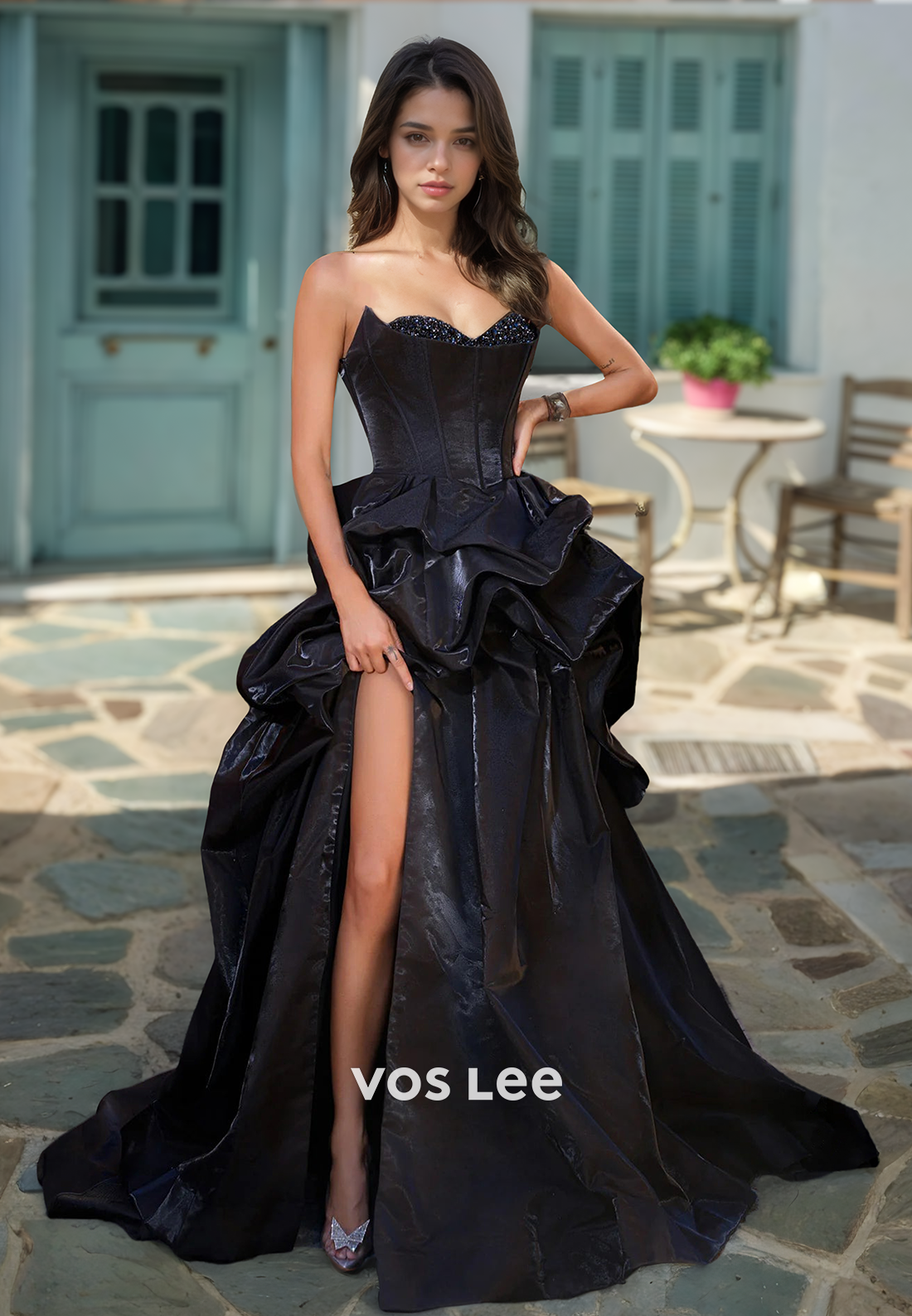 Vintage Black Strapless Column High Split Ruffled Sweep Train Satin Prom Pageant Dress