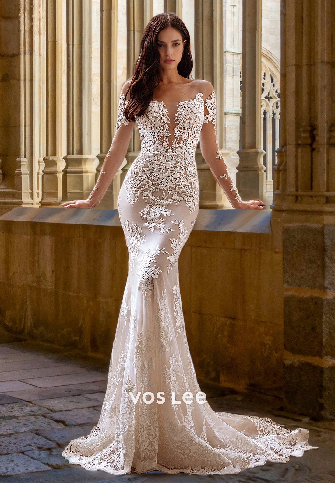 Vintage Mermaid/Trumpet Square Neck Long Sleeves Ruched Lace Wedding Dress