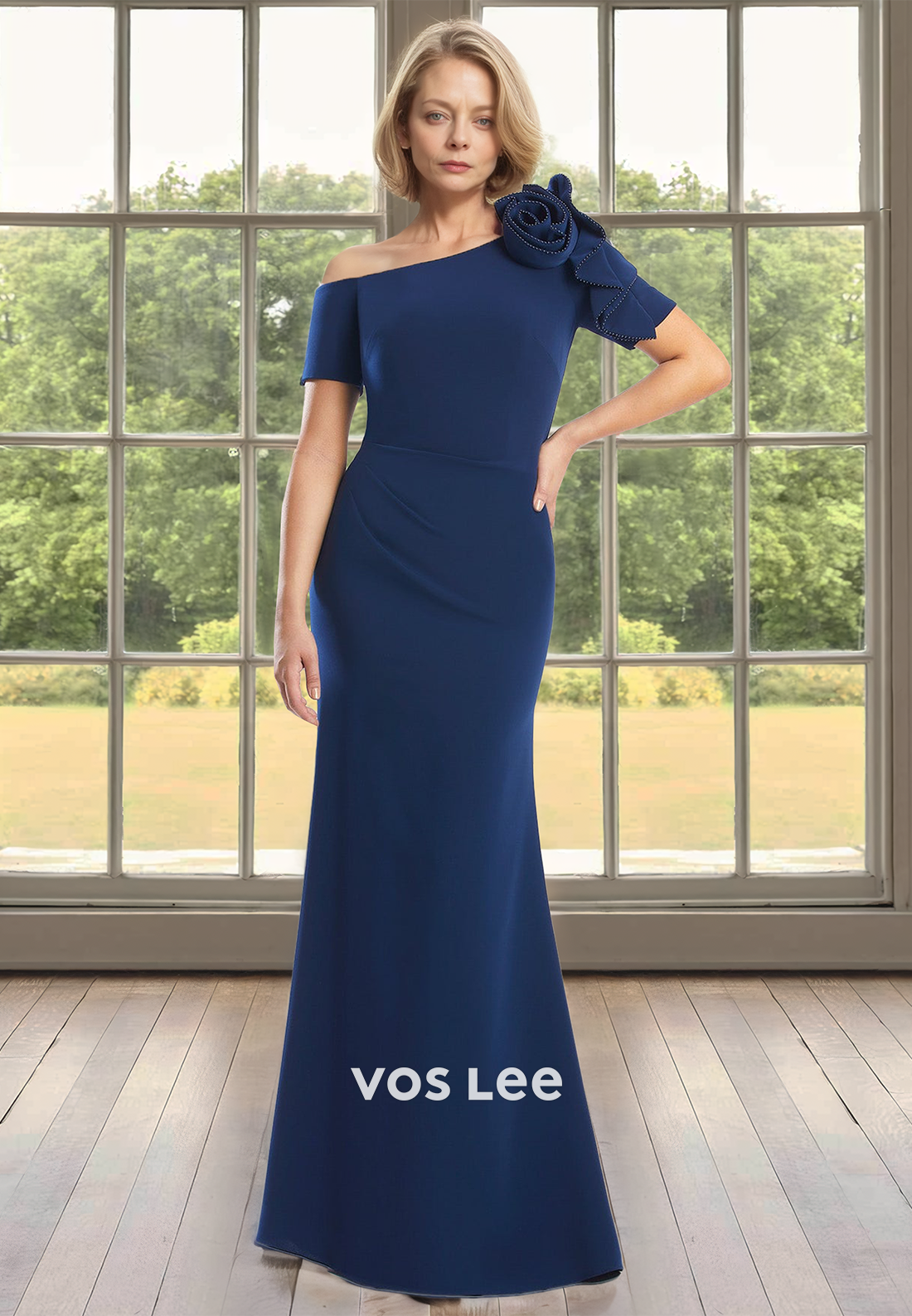 Simple Sheath One Shoulder 3D Floral Short Sleeves Long Satin Mother of the Party Dress