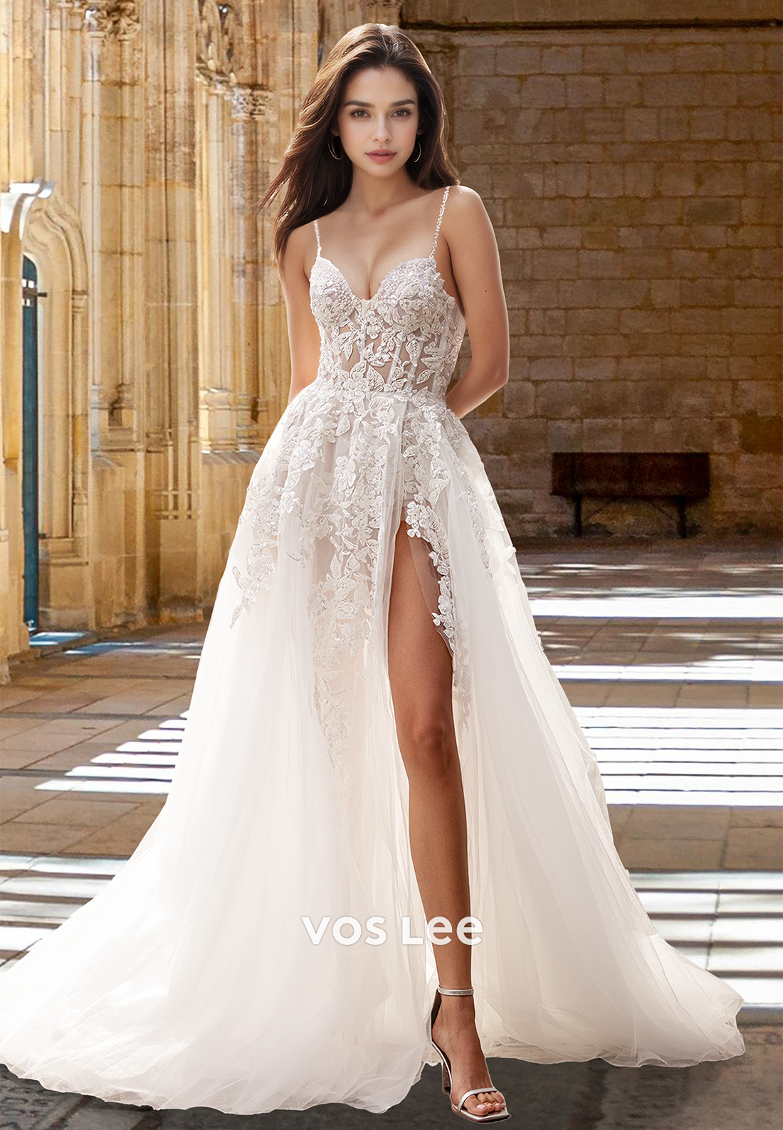 Ornate A-Line Sweetheart Sleeveless Beaded High Split Tulle Wedding Gown