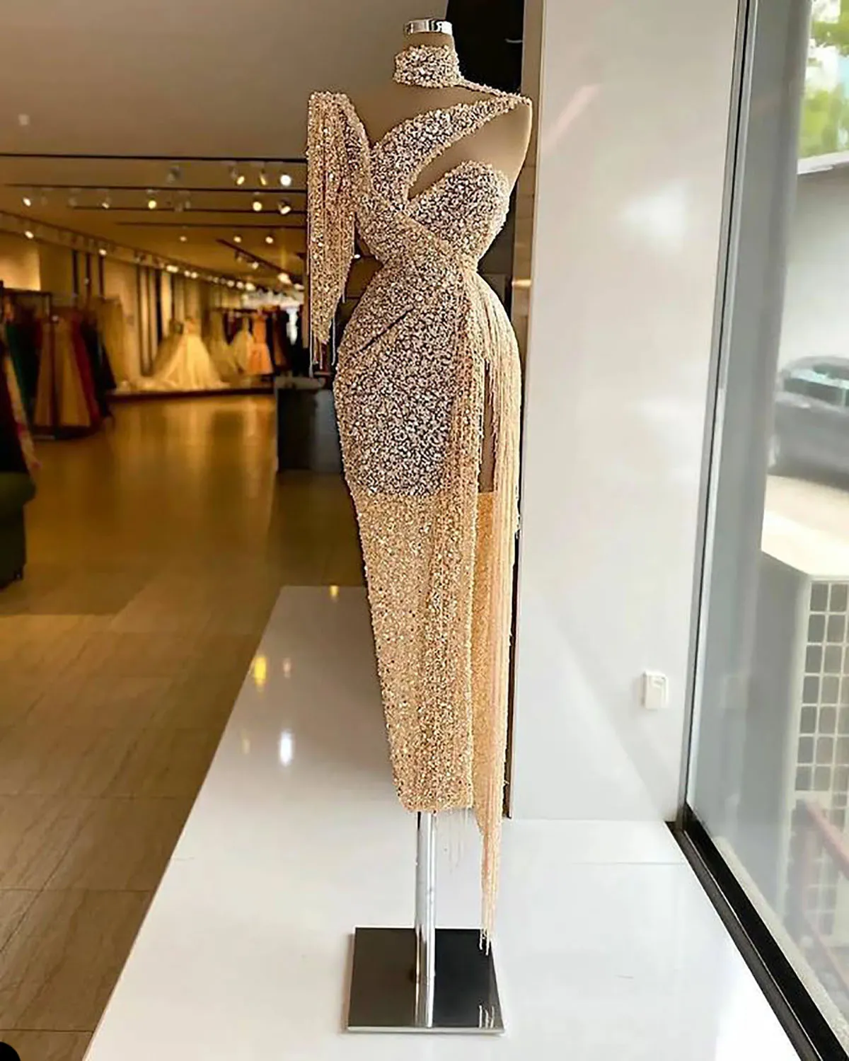 Sparkly Sequin Evening Dress Side Slit Prom Dress One Shoulder Tassels Custom Made Y6411 - View 3 | VelvetHem