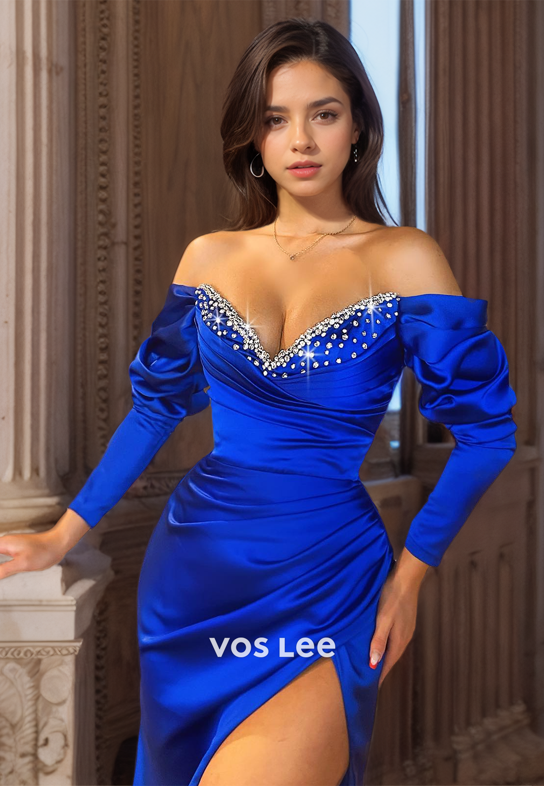 Elegant Sweetheart Beads Satin Pageant Dresses Long Sleeves Pleated Evening Prom Gown with High Slit