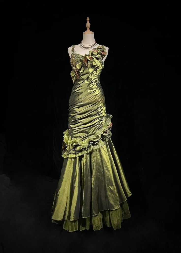 Vintage Green Satin Pleated Beaded Prom Party Dress,Long Mermaid Evening Dress - FashionDia