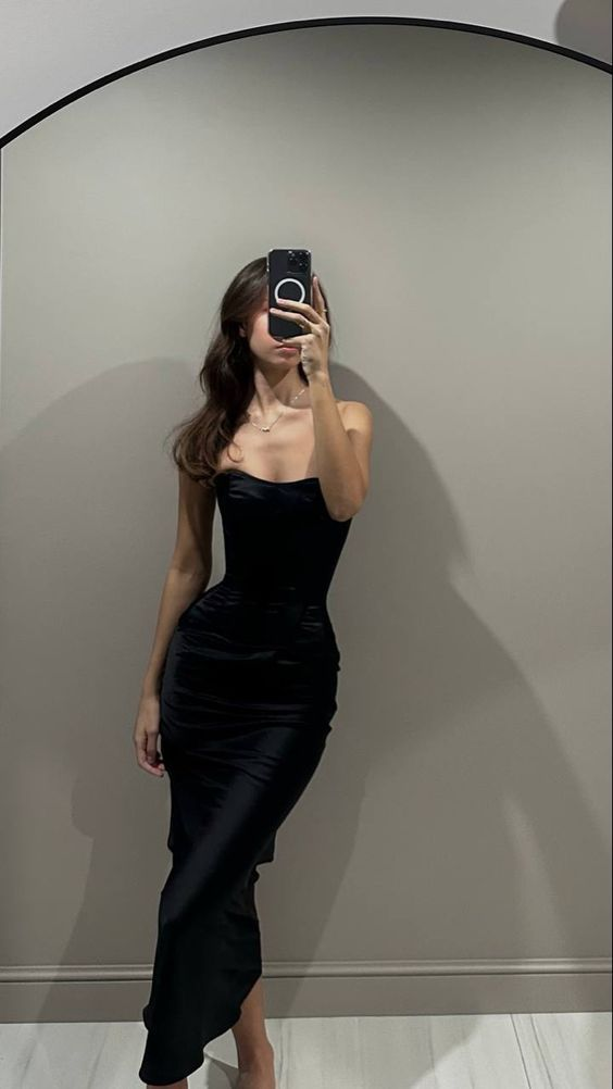 Simple Black Sheath Long Prom Dress strapless Evening Dress