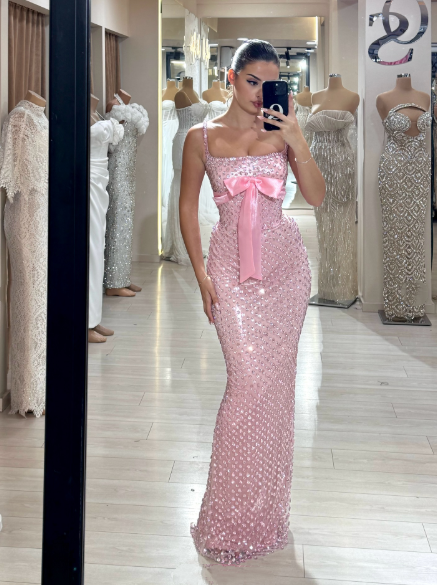 Gorgeous Spaghetti Straps Pink Sequin Beaded Mermaid Evening Dress Long Party Dress - View 5 | FashionDia