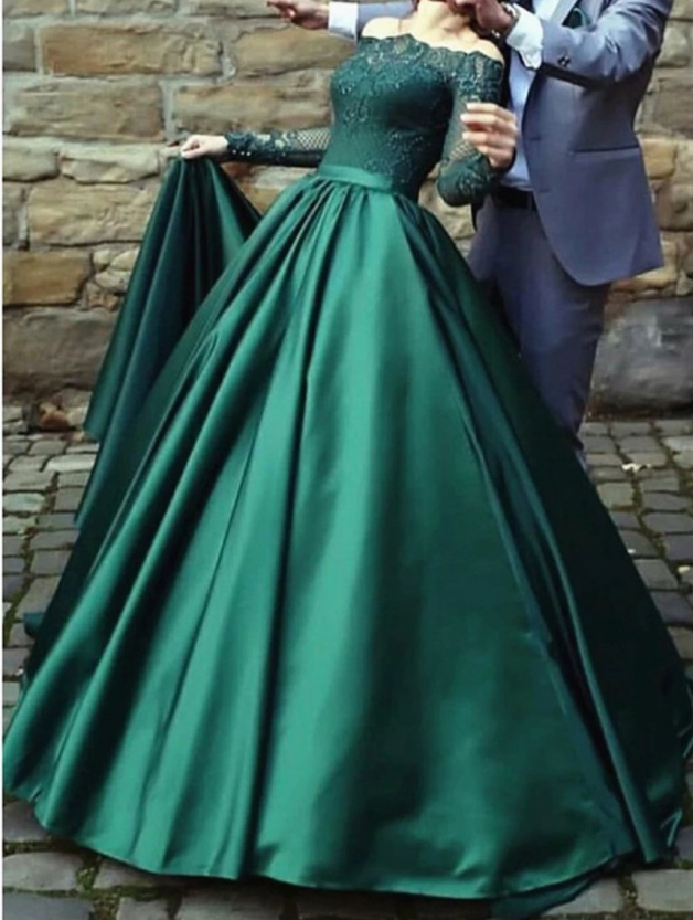 modest dark green party dress, Off-the-Shoulder prom dresses,prom dress with long sleeves, evening gowns with lace - View 3 | FashionDia
