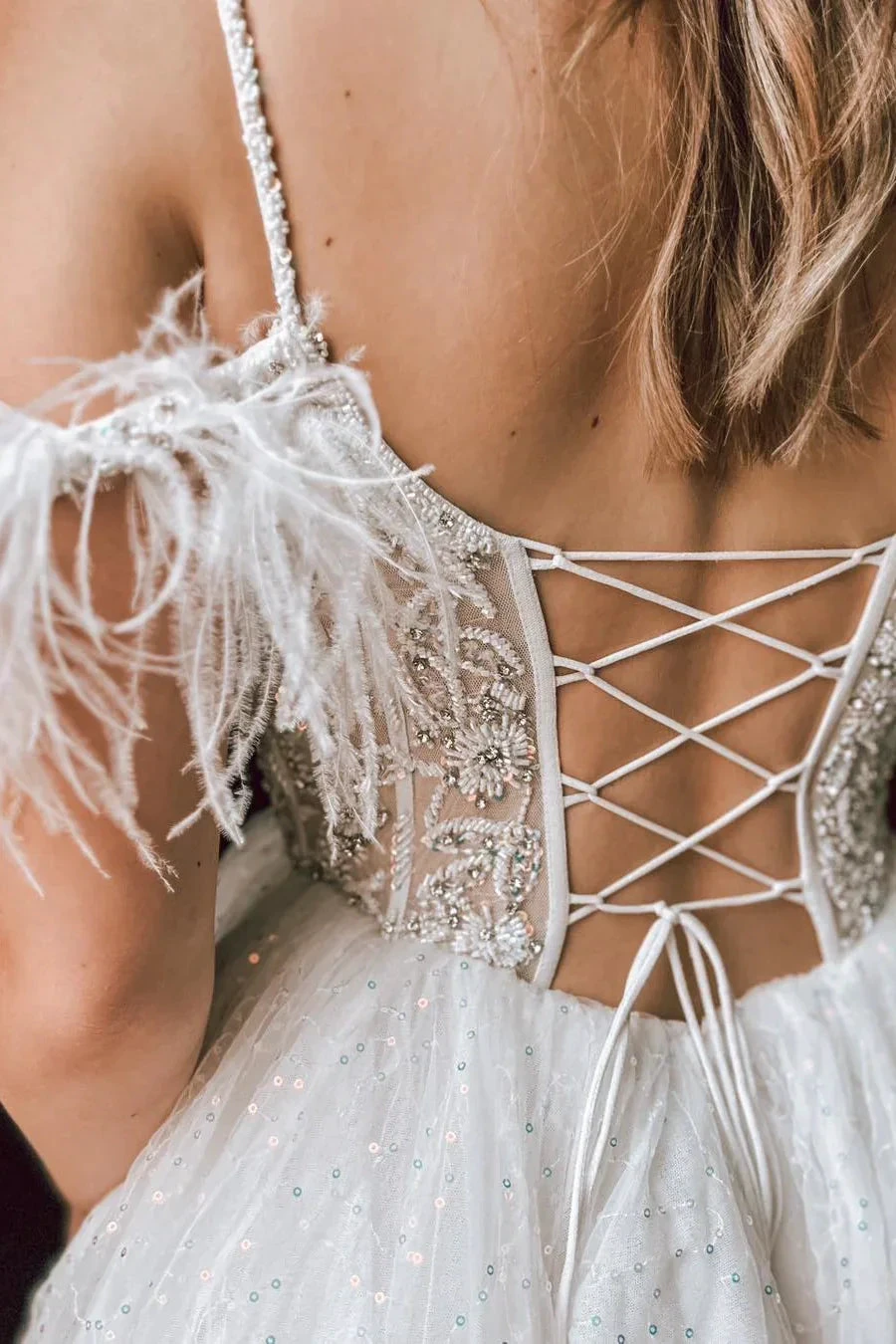 Feather Off the Shoulder White Beaded Homecoming Dress (ZD11849)