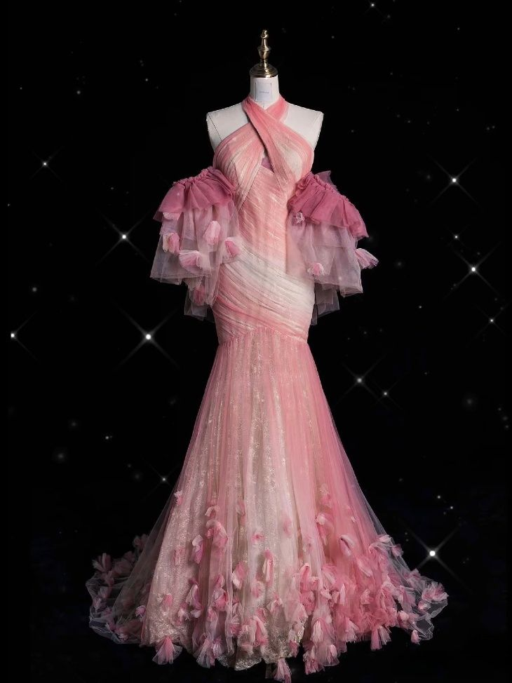 Pink Halter Tulle Lace Appliques Prom Dress Long Mermaid Evening Dress - FashionDia
