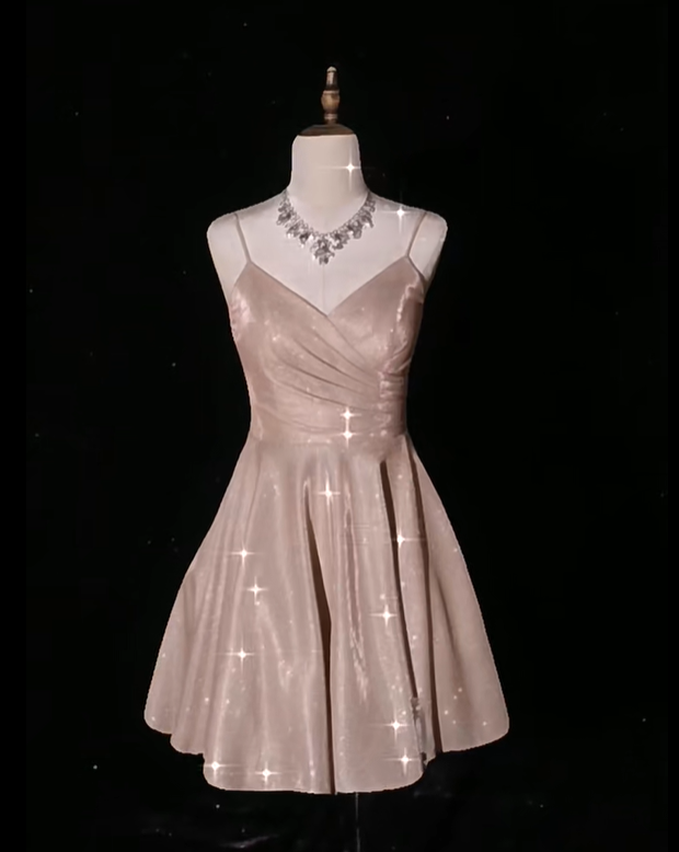 Charming Blush Pink Spaghetti Straps V-Neck Satin A-Line Short Homecoming Dress Cocktail Dress - FashionDia