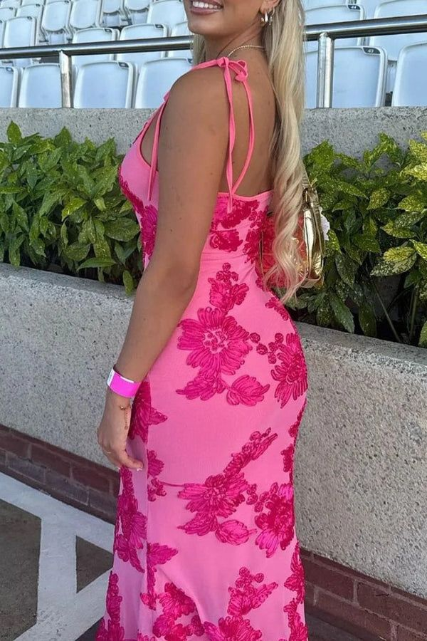 Gorgeous Pink Satin Print Floral Evening Dress Long Mermaid Prom Party Dress - View 3 | FashionDia