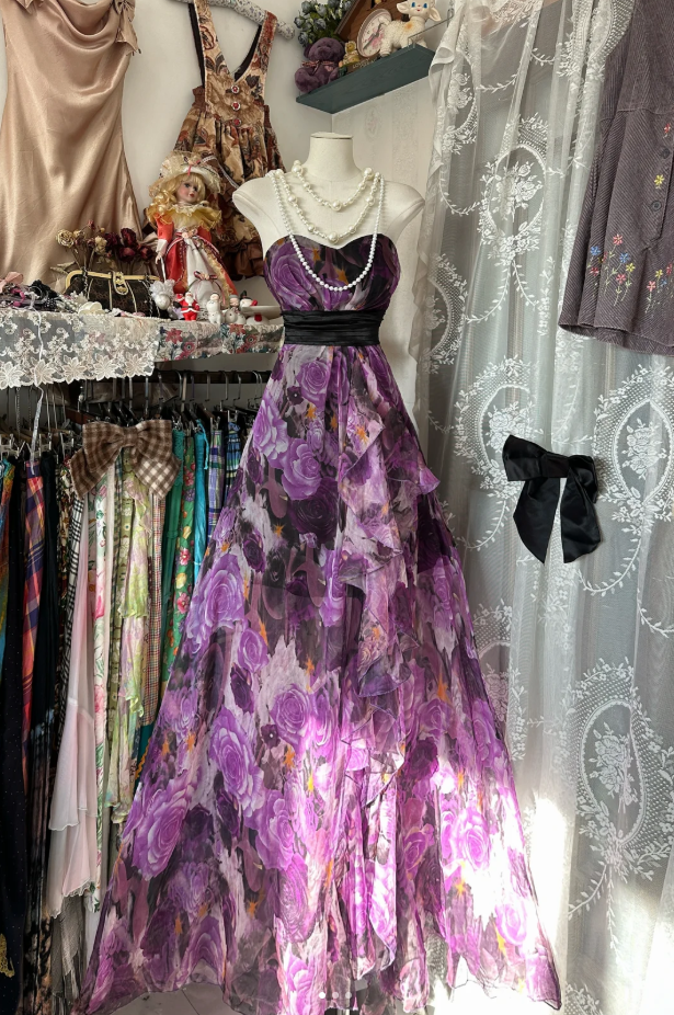 Charming Strapless Purple Chiffon Print Floral A Line Long Party Dress Birthday Prom Gown