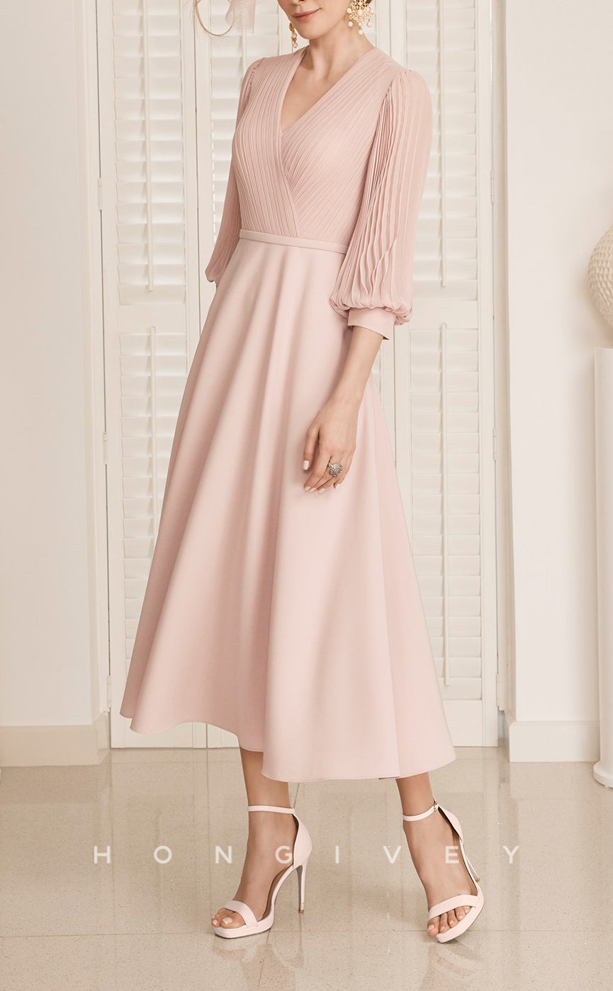 HM155 - Sexy Satin A-Line V-Neck 3/4 Sleeves Empire Ruched Mother of the Bride Dress