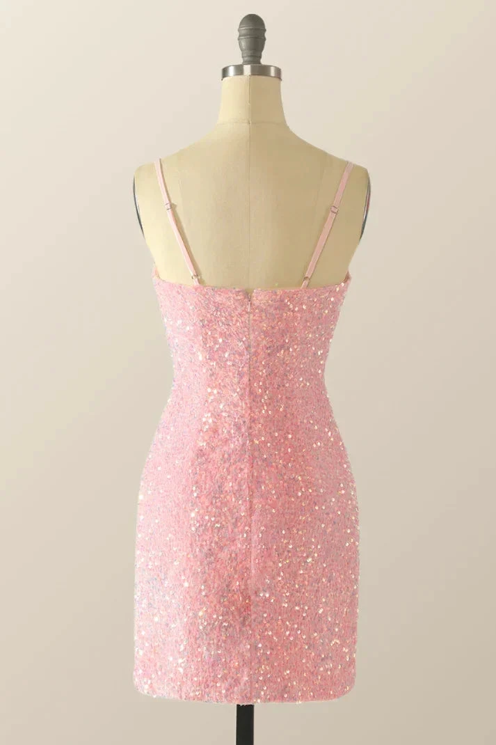 Cute Pink Sequins Homecoming Dress Pink Backless Party Dress (ZD12334)