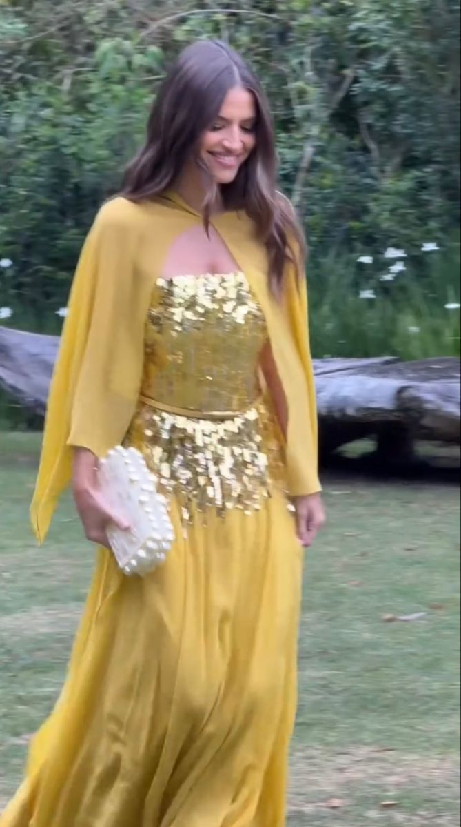 Shiny Yellow Sequin Chiffon Mermaid Long Party Dress Formal Wedding Guest Dress - View 2 | FashionDia