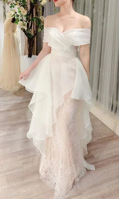 Off The Shoulder White Wedding Dress,White Tulle Bridal Dress (ZD13622)